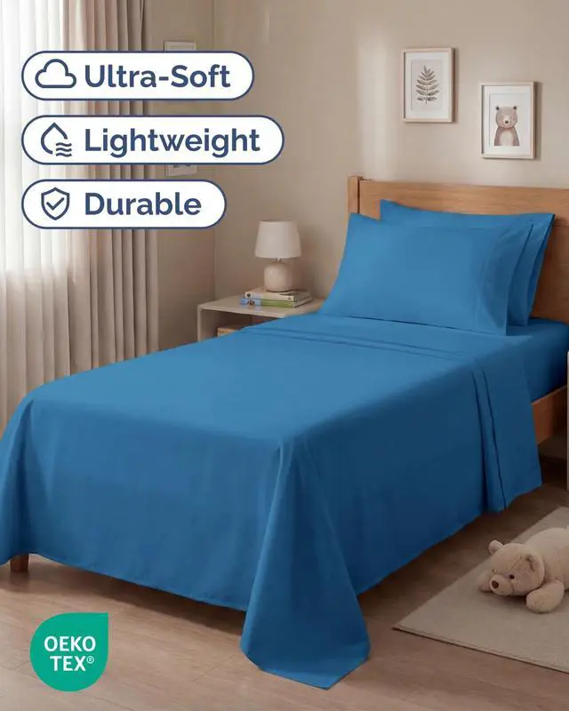 Alt view image 2 of 7 - Twin 4 Piece Sheet Set - Comfy Breathable & Cooling - Ultra-Soft Hotel Luxury Bedding Set with 8-16 Inch Deep Pockets - 1 Flat & 1 Fitted Sheet & 2 Pillowcases - Wrinkle Free & Easy Care - Denim Blue