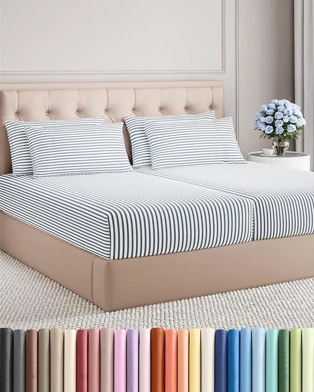 Main image of Split King 7 Piece Sheet Set - Comfy Breathable & Cooling - Soft Hotel Luxury Bedding Set w/ 8-16 Inch Deep Pockets - 1 Flat & 2 Fitted Sheet & 4 Pillowcases - Cozy and Wrinkle Free - Blue Stripes 2