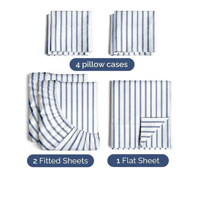 Alt view image 2 of 7 - Split King 7 Piece Sheet Set - Comfy Breathable & Cooling - Soft Hotel Luxury Bedding Set w/ 8-16 Inch Deep Pockets - 1 Flat & 2 Fitted Sheet & 4 Pillowcases - Cozy and Wrinkle Free - Blue Stripes 2