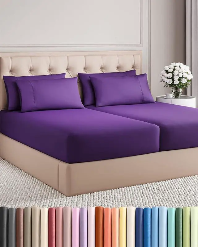 Main image of Split King 7 Piece Sheet Set - Comfy Breathable & Cooling - Ultra-Soft Hotel Luxury Bedding Set w/ 8-16 Inch Deep Pockets - 1 Flat & 2 Fitted Sheet & 4 Pillowcases - Wrinkle Free & Easy Care - Purple