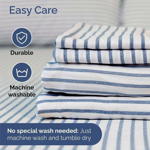 Alt view image 6 of 7 - Split King 7 Piece Sheet Set - Comfy Breathable & Cooling - Soft Hotel Luxury Bedding Set w/ 8-16 Inch Deep Pockets - 1 Flat & 2 Fitted Sheet & 4 Pillowcases - Cozy and Wrinkle Free - Blue Stripes 2