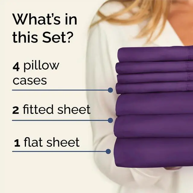 Alt view image 2 of 7 - Split King 7 Piece Sheet Set - Comfy Breathable & Cooling - Ultra-Soft Hotel Luxury Bedding Set w/ 8-16 Inch Deep Pockets - 1 Flat & 2 Fitted Sheet & 4 Pillowcases - Wrinkle Free & Easy Care - Purple