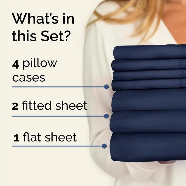 Alt view image 2 of 7 - Split King 7 Piece Sheet Set - Comfy Breathable & Cooling - Soft Hotel Luxury Bedding Set with 8-16 Inch Deep Pockets - 1 Flat & 2 Fitted Sheet & 4 Pillowcases - Wrinkle Free & Easy Care - Navy Blue