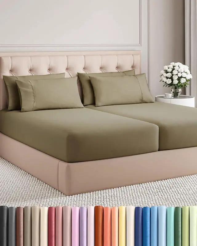 Main image of Split King 7 Piece Sheet Set - Comfy Breathable & Cooling - Ultra-Soft Hotel Luxury Bedding Set w/ 8-16 Inch Deep Pockets - 1 Flat & 2 Fitted Sheet & 4 Pillowcases - Wrinkle Free & Easy Care - Khaki