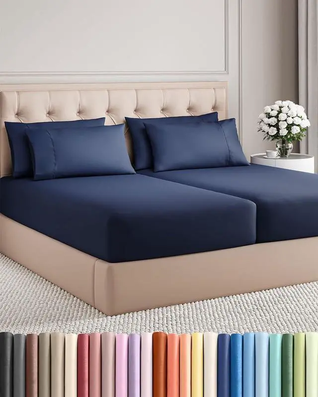 Main image of Split King 7 Piece Sheet Set - Comfy Breathable & Cooling - Soft Hotel Luxury Bedding Set with 8-16 Inch Deep Pockets - 1 Flat & 2 Fitted Sheet & 4 Pillowcases - Wrinkle Free & Easy Care - Navy Blue