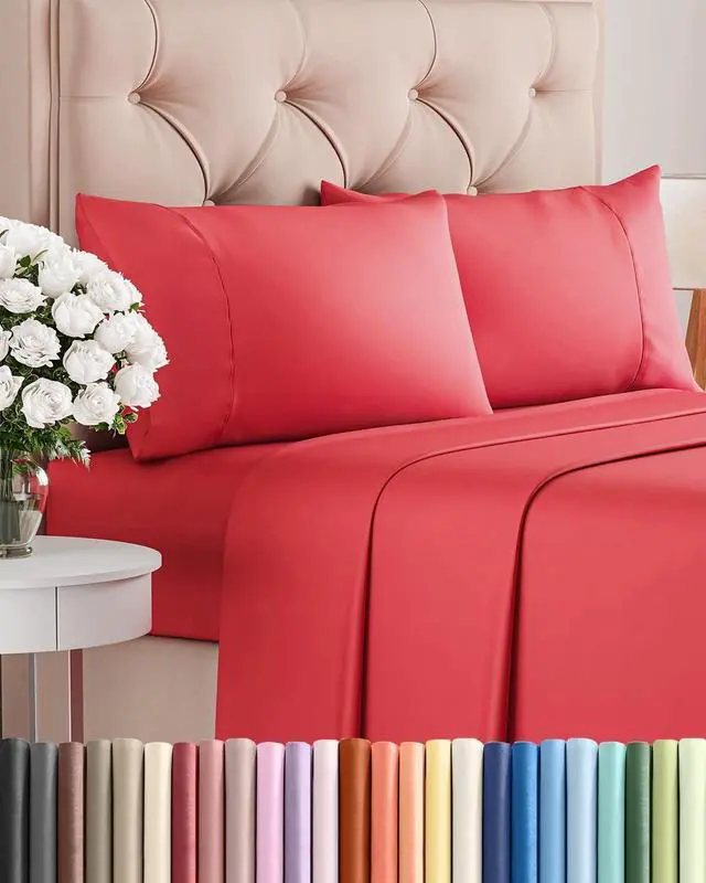 Main image of Twin 4 Piece Sheet Set - Comfy Breathable & Cooling - Ultra Soft Hotel Luxury Bedding Set with 8-16 Inch Deep Pockets - 1 Flat & 1 Fitted Sheet & 2 Pillowcases - Cozy, Wrinkle Free & Easy Care - Red