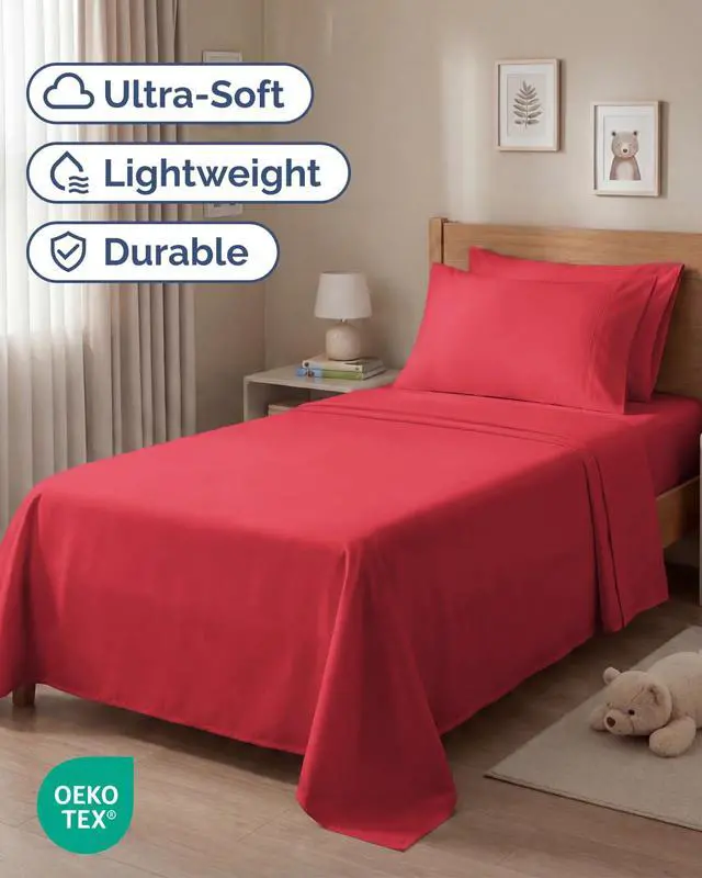 Alt view image 2 of 7 - Twin 4 Piece Sheet Set - Comfy Breathable & Cooling - Ultra Soft Hotel Luxury Bedding Set with 8-16 Inch Deep Pockets - 1 Flat & 1 Fitted Sheet & 2 Pillowcases - Cozy, Wrinkle Free & Easy Care - Red