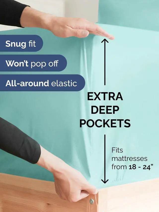 Alt view image 2 of 7 - Extra Deep Twin Fitted Sheet - Hotel Luxury Single Fitted Sheet Only - Easily Fits 18 inch to 24 inch Mattress - Ultra Soft, Wrinkle & Fade Free w/Extra Deep Pockets - Breathable & Comfy - Spa Blue