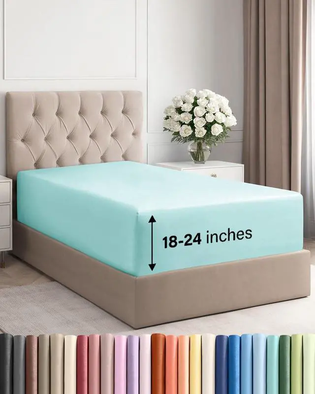Main image of Extra Deep Twin Fitted Sheet - Hotel Luxury Single Fitted Sheet Only - Easily Fits 18 inch to 24 inch Mattress - Ultra Soft, Wrinkle & Fade Free w/Extra Deep Pockets - Breathable & Comfy - Spa Blue
