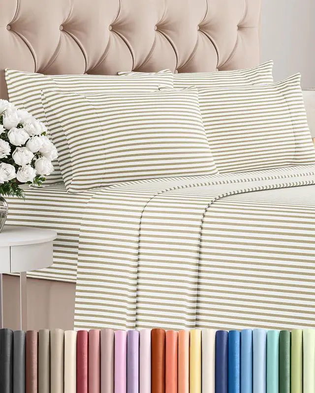 Main image of Full 6 Piece Sheet Set - Comfy Breathable & Cooling - Soft Hotel Luxury Bedding Set with 8-16 Inch Deep Pockets - 1 Flat & 1 Fitted Sheet & 4 Pillowcases - Wrinkle Free & Easy Care - Beige Stripes 2