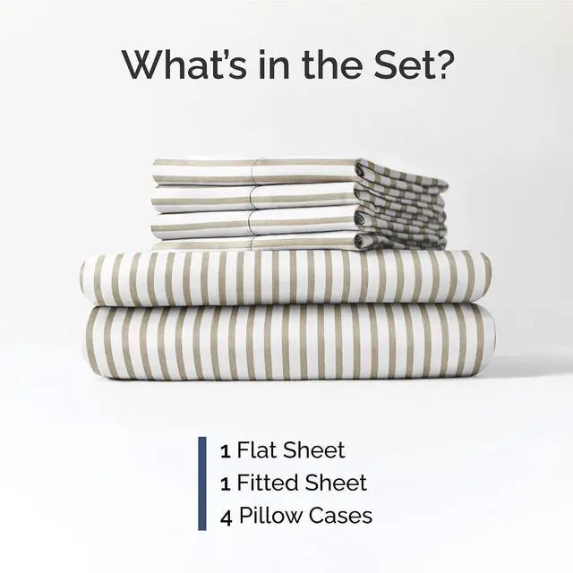 Alt view image 2 of 7 - Full 6 Piece Sheet Set - Comfy Breathable & Cooling - Soft Hotel Luxury Bedding Set with 8-16 Inch Deep Pockets - 1 Flat & 1 Fitted Sheet & 4 Pillowcases - Wrinkle Free & Easy Care - Beige Stripes 2