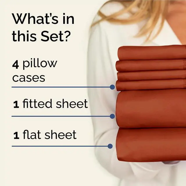 Alt view image 2 of 7 - Full 6 Piece Sheet Set - Comfy Breathable & Cooling - Ultra-Soft Hotel Luxury Bedding Set with 8-16 Inch Deep Pockets - 1 Flat & 1 Fitted Sheet & 4 Pillowcases - Wrinkle Free & Easy Care - Terracotta