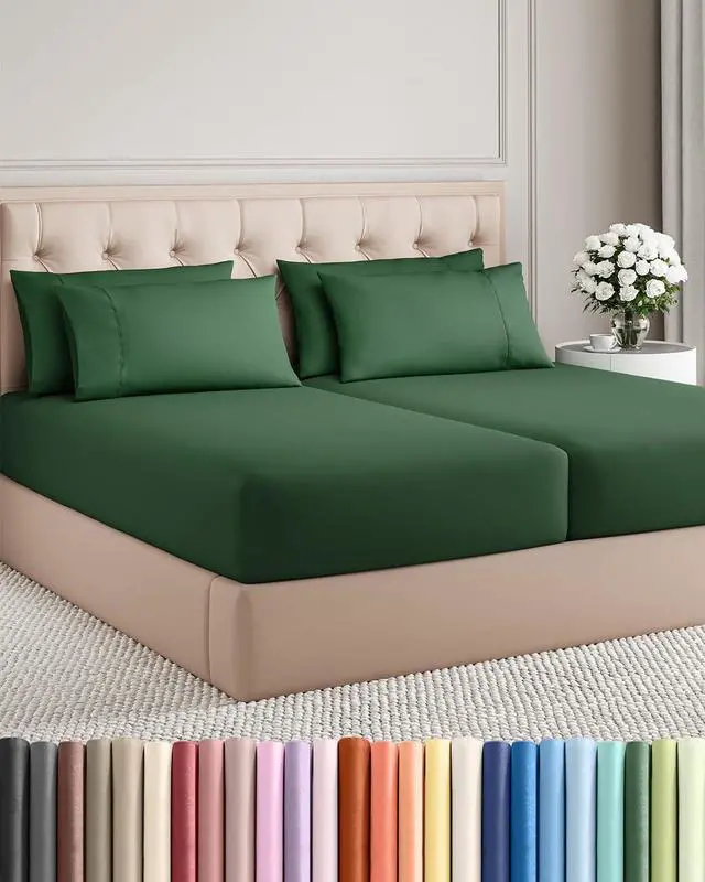 Main image of Split King 7 Piece Sheet Set - Comfy Breathable & Cooling - Ultra Soft Hotel Luxury Bedding Set w/ 8-16 Inch Deep Pockets - 1 Flat & 2 Fitted Sheet & 4 Pillowcases - Wrinkle Free & Easy Care - Emerald