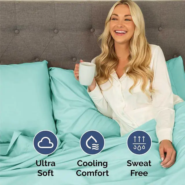 Alt view image 4 of 7 - Cal King 6 Piece Sheet Set - Comfy Breathable & Cooling - Ultra-Soft Hotel Luxury Bedding Set w/ 8-16 Inch Deep Pockets - 1 Flat & 1 Fitted Sheet & 4 Pillowcases - Wrinkle Free & Easy Care - Spa Blue