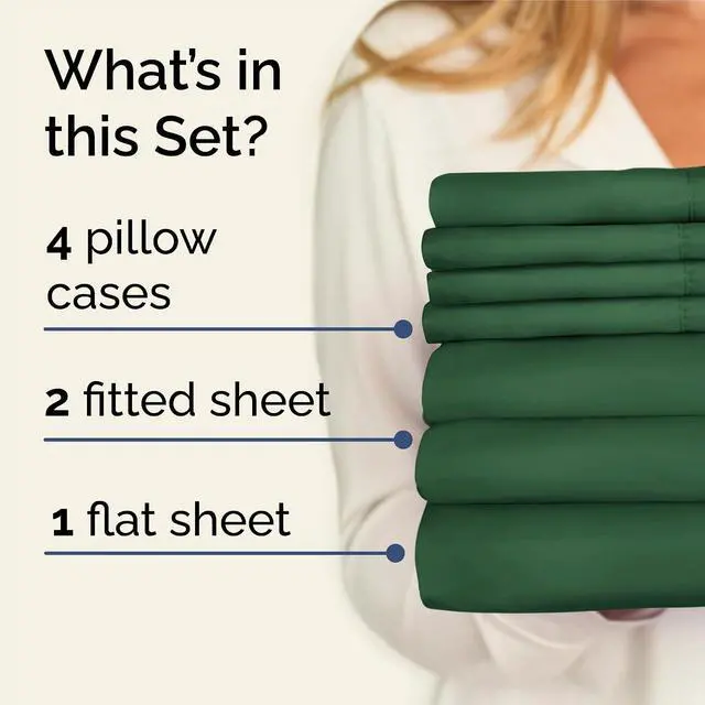 Alt view image 2 of 7 - Split King 7 Piece Sheet Set - Comfy Breathable & Cooling - Ultra Soft Hotel Luxury Bedding Set w/ 8-16 Inch Deep Pockets - 1 Flat & 2 Fitted Sheet & 4 Pillowcases - Wrinkle Free & Easy Care - Emerald