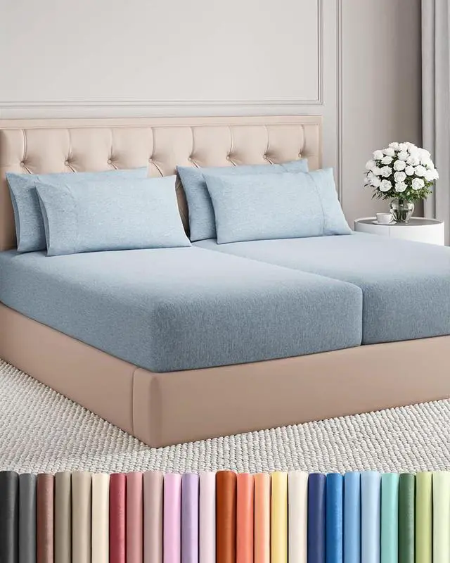 Main image of Split King 7 Piece Sheet Set - Comfy Breathable & Cooling - Soft Hotel Luxury Bedding Set w/ 8-16 Inch Deep Pockets - 1 Flat & 2 Fitted Sheet & 4 Pillowcases - Cozy and Wrinkle Free - Heathered Blue