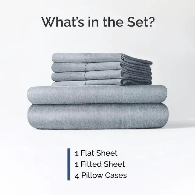Alt view image 2 of 7 - Cal King 6 Piece Sheet Set - Comfy Breathable & Cooling - Soft Hotel Luxury Bedding Set w/ 8-16 Inch Deep Pockets - 1 Flat & 1 Fitted Sheet & 4 Pillowcases - Wrinkle Free & Easy Care - Heathered Blue