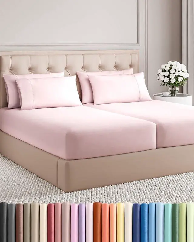Main image of Split King 7 Piece Sheet Set - Comfy Breathable & Cooling - Soft Hotel Luxury Bedding Set w/ 8-16 Inch Deep Pockets - 1 Flat & 2 Fitted Sheet & 4 Pillowcases - Wrinkle Free & Easy Care - Lavender Pink