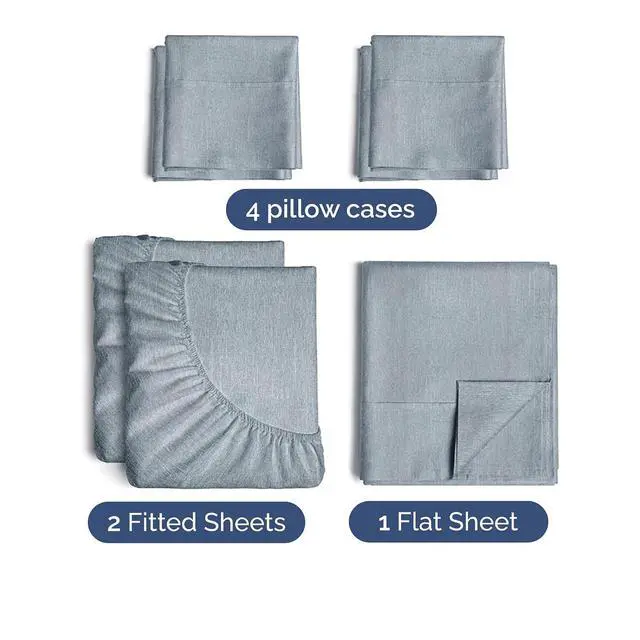 Alt view image 2 of 7 - Split King 7 Piece Sheet Set - Comfy Breathable & Cooling - Soft Hotel Luxury Bedding Set w/ 8-16 Inch Deep Pockets - 1 Flat & 2 Fitted Sheet & 4 Pillowcases - Cozy and Wrinkle Free - Heathered Blue
