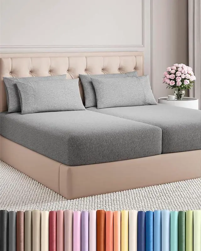 Main image of Split King 7 Piece Sheet Set - Comfy Breathable & Cooling - Soft Hotel Luxury Bedding Set w/ 8-16 Inch Deep Pockets - 1 Flat & 2 Fitted Sheet & 4 Pillowcases - Cozy and Wrinkle Free - Heathered Grey