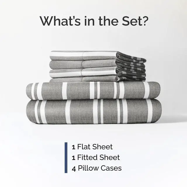 Alt view image 2 of 7 - Cal King 6 Piece Sheet Set - Comfy Breathable & Cooling - Soft Hotel Luxury Bedding Set w/ 8-16 Inch Deep Pockets - 1 Flat & 1 Fitted Sheet & 4 Pillowcases - Wrinkle Free & Easy Care - Grey Stripes 3
