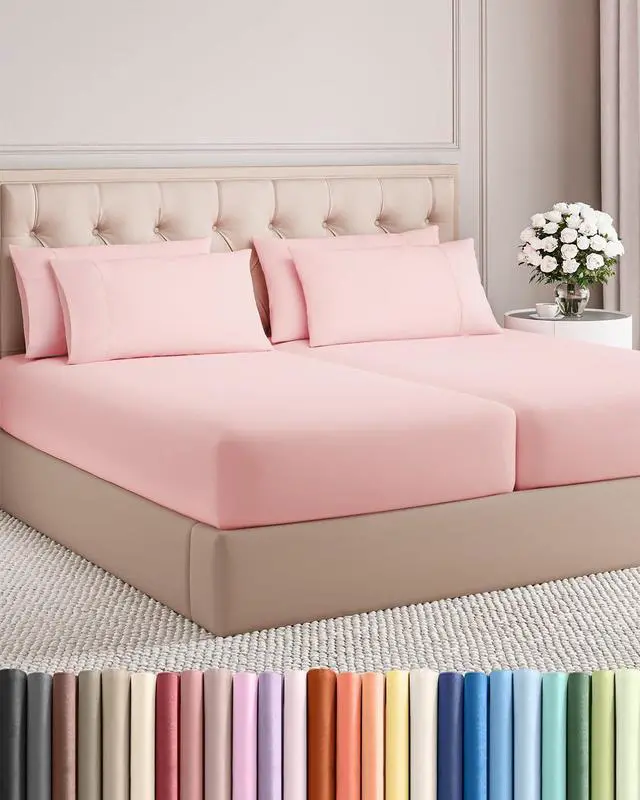 Main image of Split King 7 Piece Sheet Set - Comfy Breathable & Cooling - Soft Hotel Luxury Bedding Set with 8-16 Inch Deep Pockets - 1 Flat & 2 Fitted Sheet & 4 Pillowcases - Wrinkle Free & Easy Care - Baby Pink