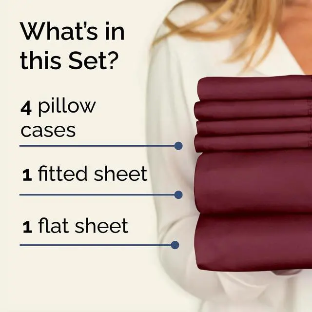 Alt view image 2 of 7 - Cal King 6 Piece Sheet Set - Comfy Breathable & Cooling - Ultra-Soft Hotel Luxury Bedding Set w/ 8-16 Inch Deep Pockets - 1 Flat & 1 Fitted Sheet & 4 Pillowcases - Wrinkle Free & Easy Care - Burgundy