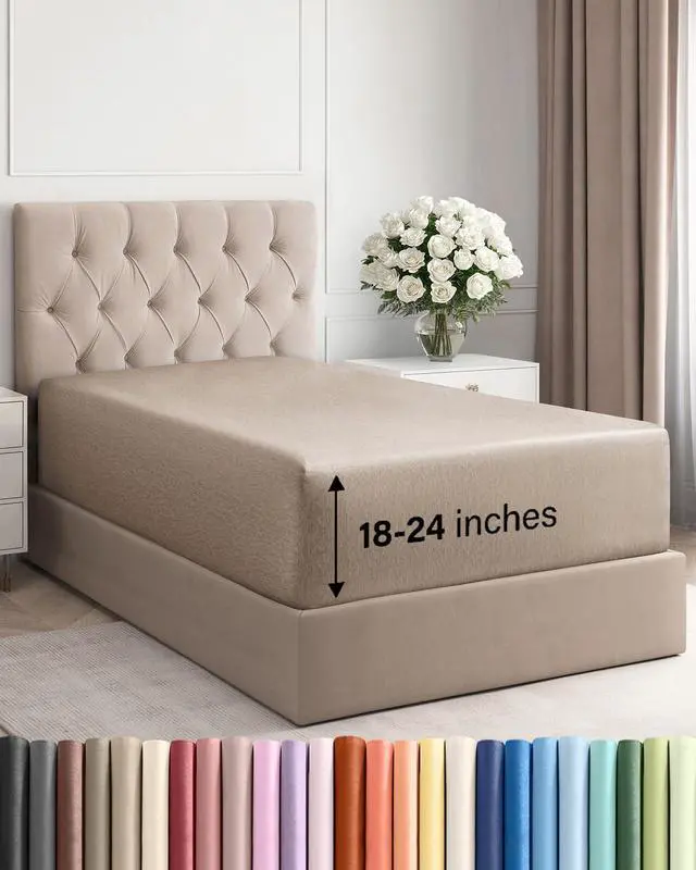 Main image of Extra Deep Twin XL Fitted Sheet - College Dorm Bed Single Fitted Sheet Only w/Extra Deep Pockets - Ultra-Soft & Breathable - Easily Fits 18 to 24 inch Mattress - Wrinkle & Fade Free - Heathered Beige