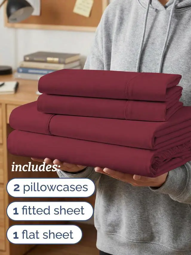 Alt view image 3 of 7 - Twin XL 4 Piece Sheet Set - Comfy Breathable & Cooling - Ultra-Soft Hotel Luxury Bedding Set w/ 8-16 Inch Deep Pockets - 1 Flat & 1 Fitted Sheet & 2 Pillowcases - Wrinkle Free & Easy Care - Burgundy