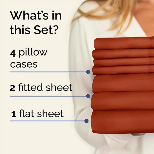Alt view image 2 of 7 - Split King 7 Piece Sheet Set - Comfy Breathable & Cooling - Soft Hotel Luxury Bedding Set with 8-16 Inch Deep Pockets - 1 Flat & 2 Fitted Sheet & 4 Pillowcases - Wrinkle Free & Easy Care - Terracotta