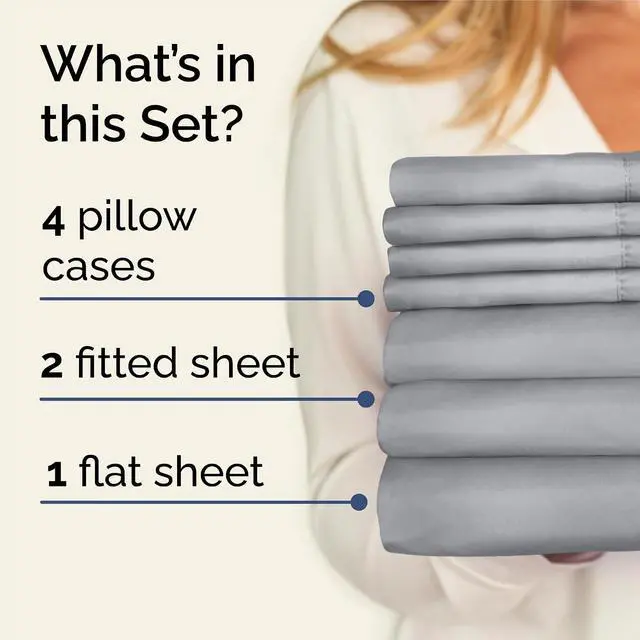 Alt view image 2 of 7 - Split King 7 Piece Sheet Set - Comfy Breathable & Cooling - Soft Hotel Luxury Bedding Set with 8-16 Inch Deep Pockets - 1 Flat & 2 Fitted Sheet & 4 Pillowcases - Wrinkle Free & Easy Care - Steel Blue
