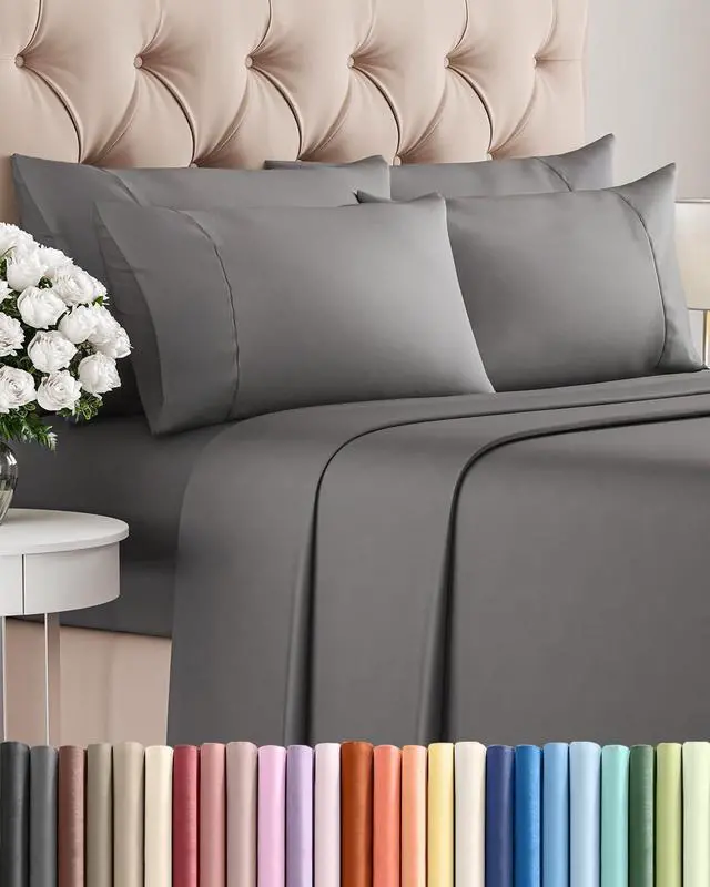 Main image of Cal King 6 Piece Sheet Set - Comfy Breathable & Cooling - Ultra Soft Hotel Luxury Bedding Set w/ 8-16 Inch Deep Pockets - 1 Flat & 1 Fitted Sheet & 4 Pillowcases - Wrinkle Free & Easy Care - Dark Grey