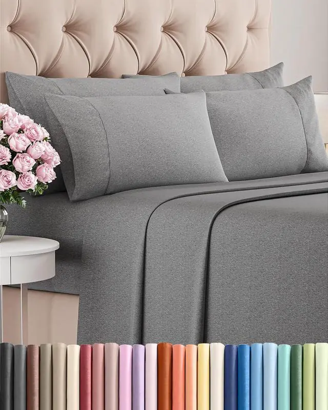 Main image of Full 6 Piece Sheet Set - Comfy Breathable & Cooling - Soft Hotel Luxury Bedding Set with 8-16 Inch Deep Pockets - 1 Flat & 1 Fitted Sheet & 4 Pillowcases - Wrinkle Free & Easy Care - Heathered Grey