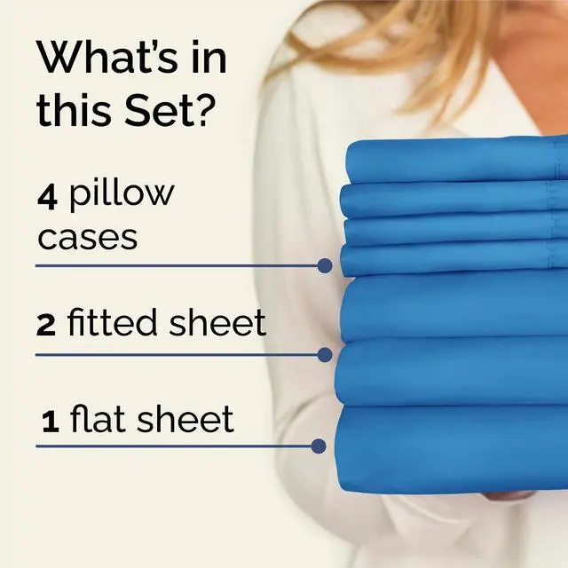 Alt view image 2 of 7 - Split King 7 Piece Sheet Set - Comfy Breathable & Cooling - Soft Hotel Luxury Bedding Set with 8-16 Inch Deep Pockets - 1 Flat & 2 Fitted Sheet & 4 Pillowcases - Wrinkle Free & Easy Care - Denim Blue