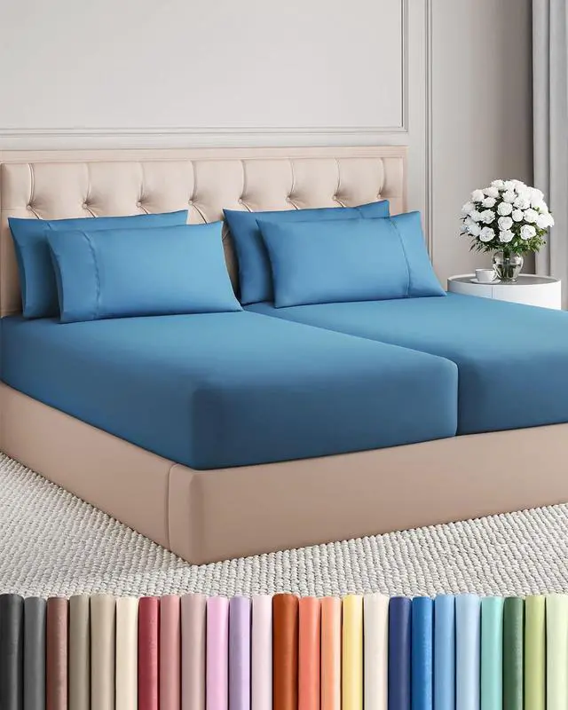 Main image of Split King 7 Piece Sheet Set - Comfy Breathable & Cooling - Soft Hotel Luxury Bedding Set with 8-16 Inch Deep Pockets - 1 Flat & 2 Fitted Sheet & 4 Pillowcases - Wrinkle Free & Easy Care - Denim Blue