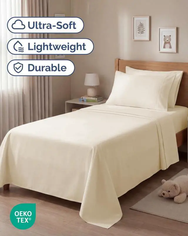 Alt view image 2 of 7 - Twin 4 Piece Sheet Set - Comfy Breathable & Cooling - Ultra-Soft Hotel Luxury Bedding Set with 8-16 Inch Deep Pockets - 1 Flat & 1 Fitted Sheet & 2 Pillowcases - Wrinkle Free & Easy Care - Off White