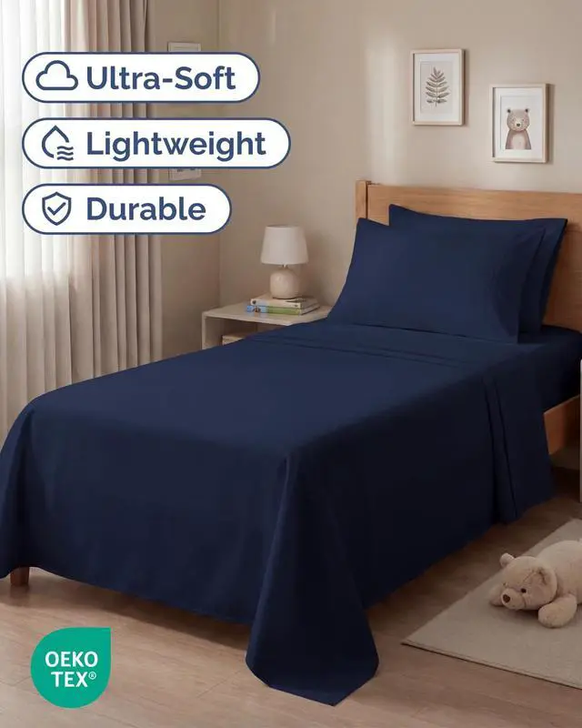 Alt view image 2 of 7 - Twin 4 Piece Sheet Set - Comfy Breathable & Cooling - Ultra-Soft Hotel Luxury Bedding Set with 8-16 Inch Deep Pockets - 1 Flat & 1 Fitted Sheet & 2 Pillowcases - Wrinkle Free & Easy Care - Navy Blue