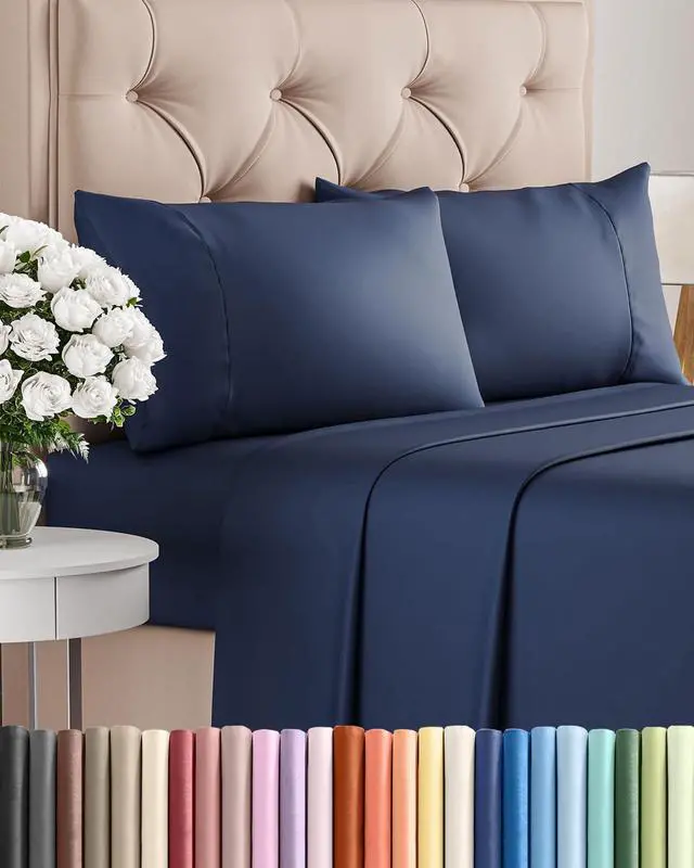 Main image of Twin 4 Piece Sheet Set - Comfy Breathable & Cooling - Ultra-Soft Hotel Luxury Bedding Set with 8-16 Inch Deep Pockets - 1 Flat & 1 Fitted Sheet & 2 Pillowcases - Wrinkle Free & Easy Care - Navy Blue