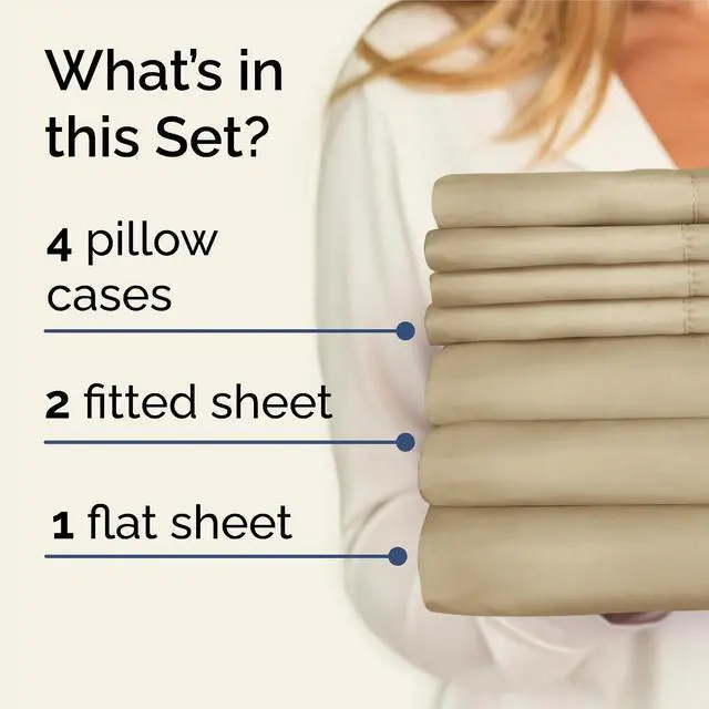 Alt view image 2 of 7 - Split King 7 Piece Sheet Set - Comfy Breathable & Cooling - Ultra-Soft Hotel Luxury Bedding Set w/ 8-16 Inch Deep Pockets - 1 Flat & 2 Fitted Sheet & 4 Pillowcases - Wrinkle Free & Easy Care - Beige