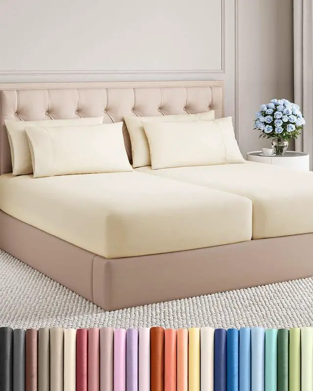 Main image of Split King 7 Piece Sheet Set - Comfy Breathable & Cooling - Soft Hotel Luxury Bedding Set with 8-16 Inch Deep Pockets - 1 Flat & 2 Fitted Sheet & 4 Pillowcases - Wrinkle Free & Easy Care - Off White