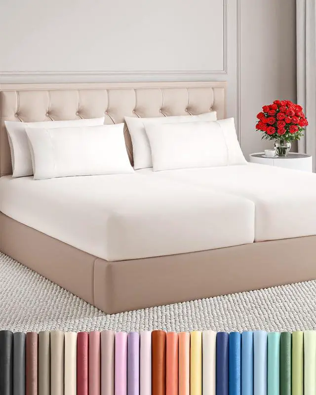 Main image of Split King 7 Piece Sheet Set - Comfy Breathable & Cooling - Soft Hotel Luxury Bedding Set w/ 8-16 Inch Deep Pockets - 1 Flat & 2 Fitted Sheet & 4 Pillowcases - Wrinkle Free & Easy Care - Antique White