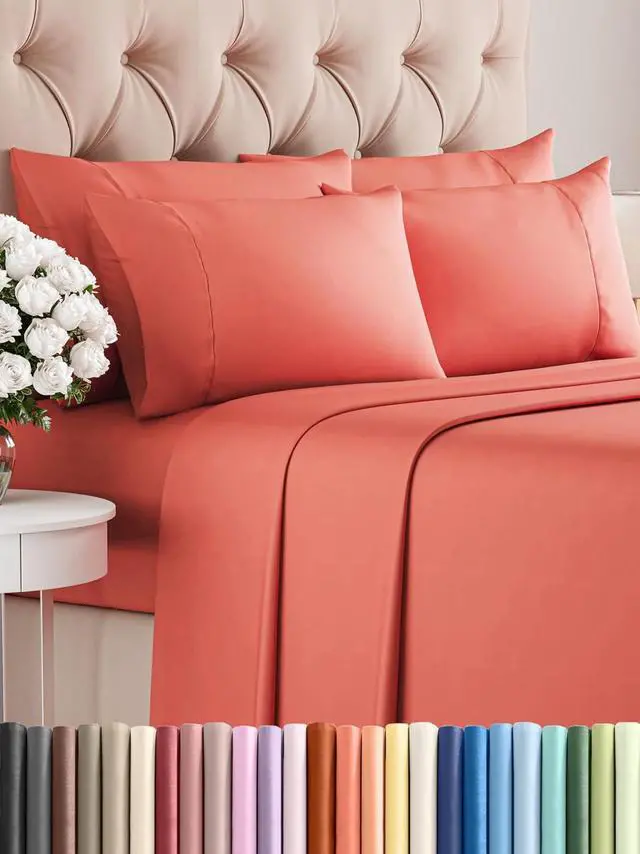 Main image of Queen 6 Piece Sheet Set - Comfy Breathable & Cooling - Ultra Soft Hotel Luxury Bedding Set w/ 8-16 Inch Deep Pockets - 1 Flat & 1 Fitted Sheet & 4 Pillowcases - Cozy, Wrinkle Free & Easy Care - Coral