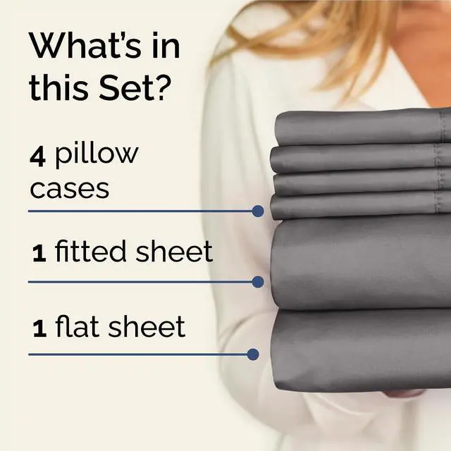 Alt view image 2 of 7 - Full 6 Piece Sheet Set - Comfy Breathable & Cooling - Ultra-Soft Hotel Luxury Bedding Set with 8-16 Inch Deep Pockets - 1 Flat & 1 Fitted Sheet & 4 Pillowcases - Wrinkle Free & Easy Care - Dark Grey