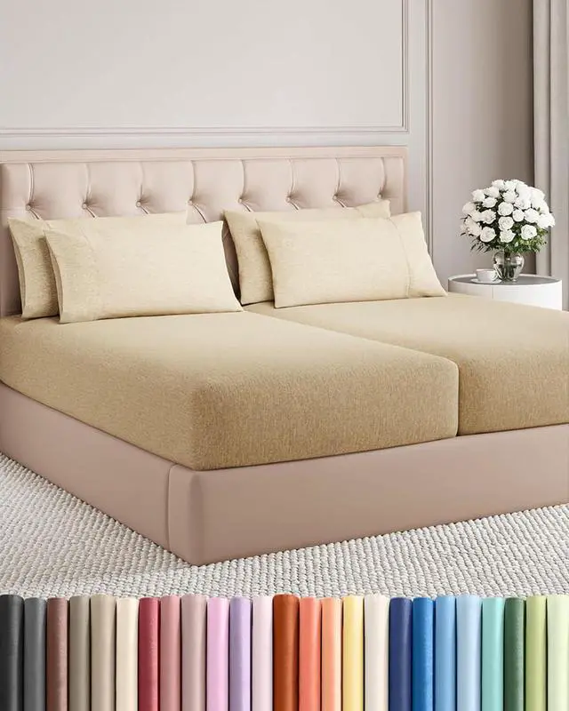 Main image of Split King 7 Piece Sheet Set - Comfy Breathable & Cooling - Soft Hotel Luxury Bedding Set w/ 8-16 Inch Deep Pockets - 1 Flat & 2 Fitted Sheet & 4 Pillowcases - Wrinkle Free & Easy Care - Heathered Tan