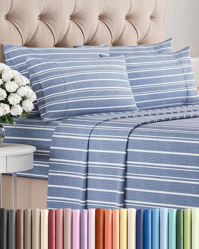 Main image of Cal King 6 Piece Sheet Set - Comfy Breathable & Cooling - Soft Hotel Luxury Bedding Set w/ 8-16 Inch Deep Pockets - 1 Flat & 1 Fitted Sheet & 4 Pillowcases - Wrinkle Free & Easy Care - Blue Stripes 3