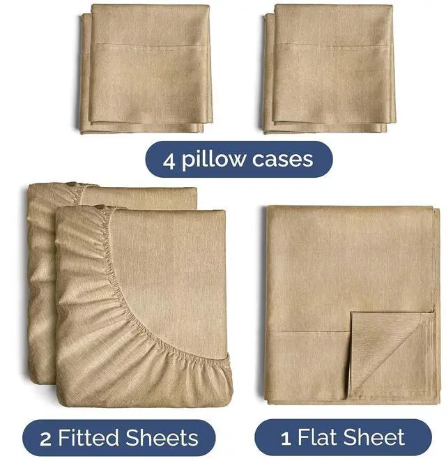 Alt view image 2 of 7 - Split King 7 Piece Sheet Set - Comfy Breathable & Cooling - Soft Hotel Luxury Bedding Set w/ 8-16 Inch Deep Pockets - 1 Flat & 2 Fitted Sheet & 4 Pillowcases - Wrinkle Free & Easy Care - Heathered Tan