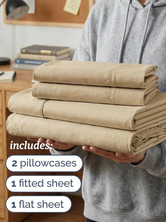 Alt view image 3 of 7 - Twin XL 4 Piece Sheet Set - Comfy Breathable & Cooling - Soft Hotel Luxury Bedding Set with 8-16 Inch Deep Pockets - 1 Flat & 1 Fitted Sheet & 2 Pillowcases - Wrinkle Free & Easy Care - Heathered Tan