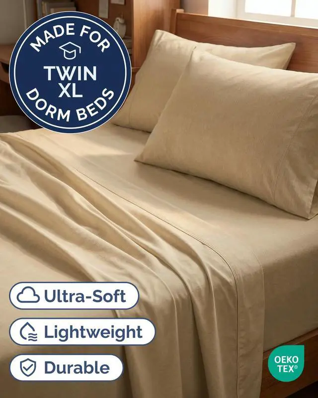 Alt view image 2 of 7 - Twin XL 4 Piece Sheet Set - Comfy Breathable & Cooling - Soft Hotel Luxury Bedding Set with 8-16 Inch Deep Pockets - 1 Flat & 1 Fitted Sheet & 2 Pillowcases - Wrinkle Free & Easy Care - Heathered Tan