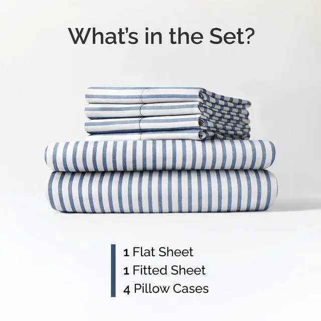 Alt view image 2 of 7 - Queen 6 Piece Sheet Set - Comfy Breathable & Cooling - Soft Hotel Luxury Bedding Set with 8-16 Inch Deep Pockets - 1 Flat & 1 Fitted Sheet & 4 Pillowcases - Wrinkle Free & Easy Care - Blue Stripes 2
