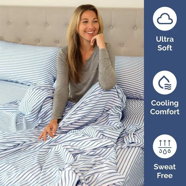 Alt view image 4 of 7 - Queen 6 Piece Sheet Set - Comfy Breathable & Cooling - Soft Hotel Luxury Bedding Set with 8-16 Inch Deep Pockets - 1 Flat & 1 Fitted Sheet & 4 Pillowcases - Wrinkle Free & Easy Care - Blue Stripes 2